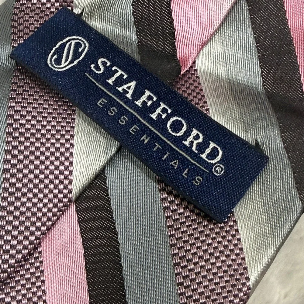 Stafford Essentials Mens Pink Gray Black Striped Polyester Hand Made Necktie